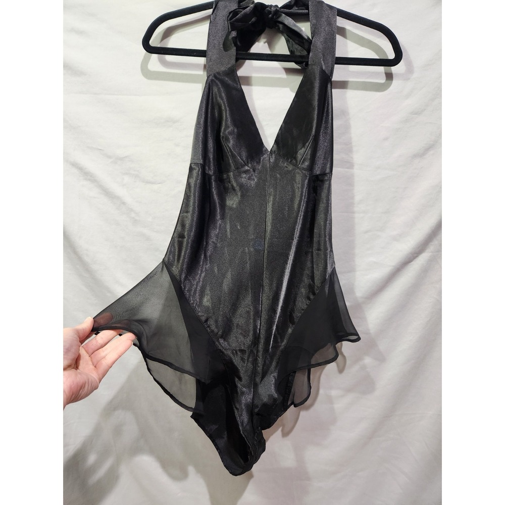 Vintage 1990s Black Halter Teddy Lingerie‎ Highcut W Lace And Tieback - Picture 2 of 5
